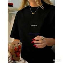 Women's Vintage California Los Angeles Graphic T-Shirt - Casual Crew Neck Short Sleeve Cotton Machine Washable EST 1776 Print Spring 2025 Outfit - Black - View 3
