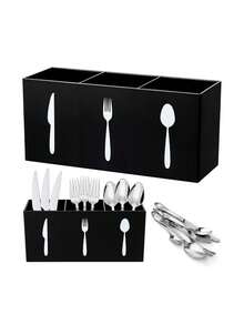 1 pieza Estante de almacenamiento multifuncional para la cocina, soporte duradero de color negro para utensilios con etiquetas, ahorra espacio, adecuado para guardar cuchillos, tenedores, cucharas y vajilla, se puede usar en el comedor, bar, encimera de la cocina o picnic al aire libre - Compartimento para cubiertos de tres compartimentos - Ver 7