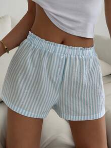 Sunny Girly Summer Women's Y2K Striped Straight-Leg Shorts With Button Design, Ideal For Back To School, Daily Commute, Casual Outings And Loungewear - Blue - View 7