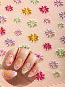 1pc 5D Embossed Nail Sticker, Fresh Cute Multi ColouredFlower Nail Decal Suitable For Women's DIY - Multicolor - View 1