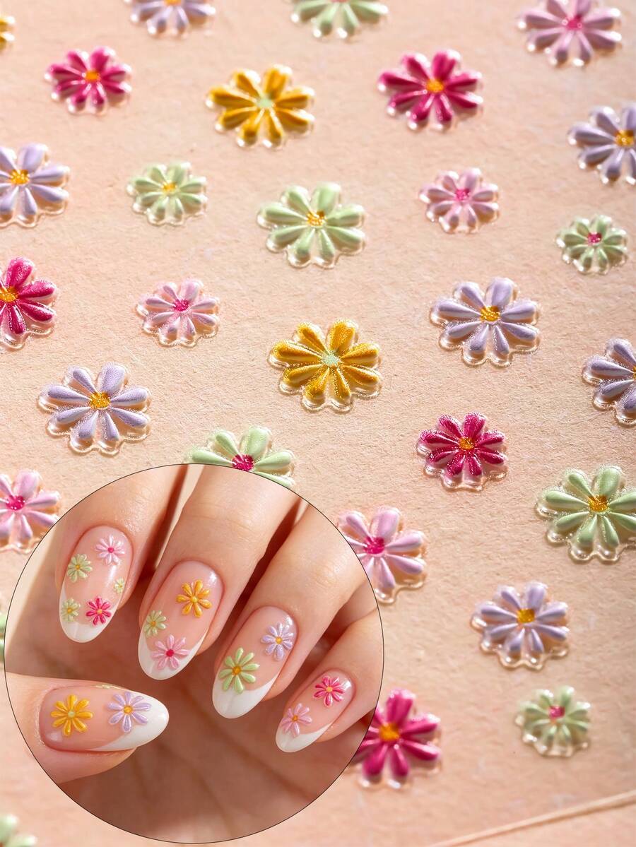 1pc 5D Embossed Nail Sticker, Fresh Cute Multi ColouredFlower Nail Decal Suitable For Women's DIY - Multicolor - View 1