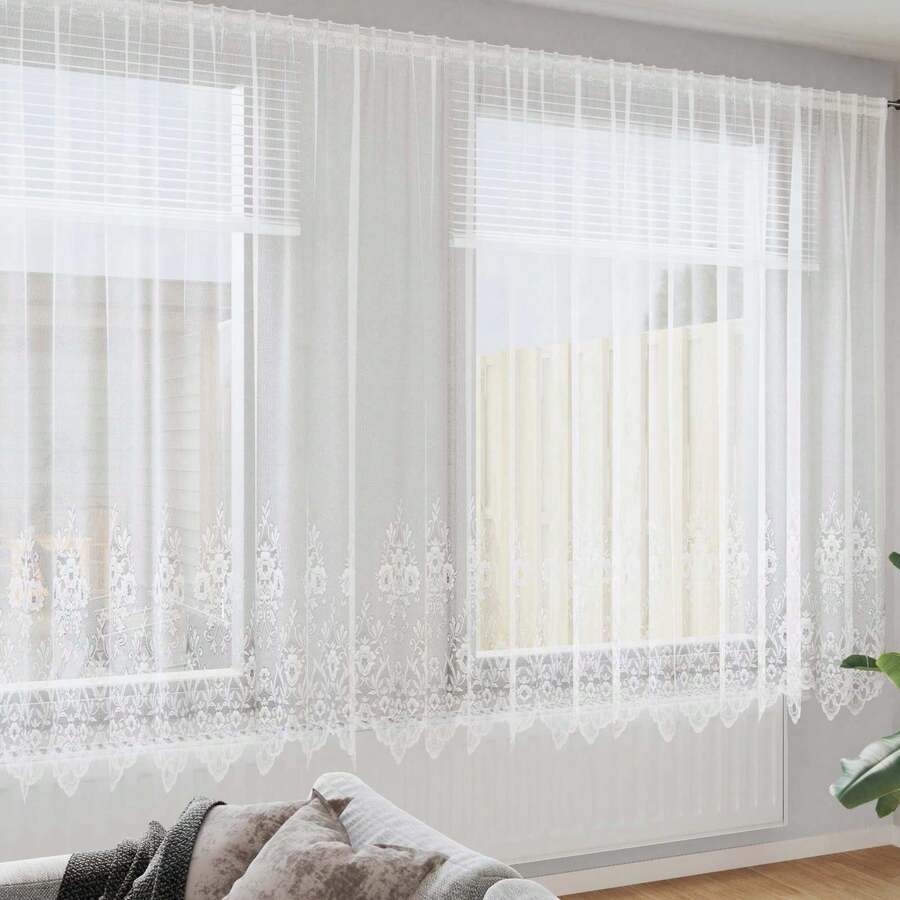vidaXL Spitzenvorhang mit Vorhängen Floral Weiß 200 x 400 cm Polyester - Einheitsgröße - Übersicht 1