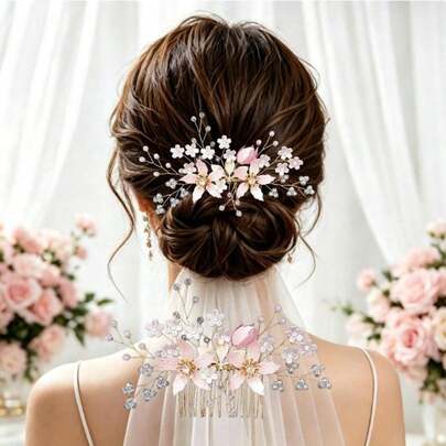 1 chiếc lược cài tóc sang trọng màu hồng đính ngọc trai, pha lê và đá quý, phụ kiện tóc cô dâu.