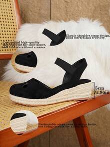 Women's Comfortable Non-Slip Apricot Linen Rope Platform Wedge Sandals, Suitable For Spring And Summer Vacation - Black - View 9