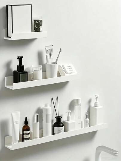 3pcs Self-Adhesive Wall Mounted Adjustable Shelves - Multifunctional Storage Rack, Durable Plastic Bathroom Kitchen Organizer Rack, Suitable For Bedroom, Living Room, Bathroom Shelf - Space Saving Modern Design, Minimalist Shelf, No Tools Required Installation, Easy Clean Material, Bathroom Shelf, Home Organization Rack