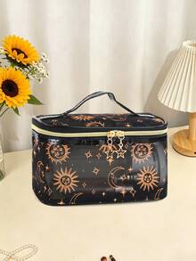 1pc Black & Gold Sun & Moon Mesh Cosmetic Bag, Women's Large Capacity Portable Toiletry Bag, Travel Transparent Storage Pouch, Ins Style - Black - View 4
