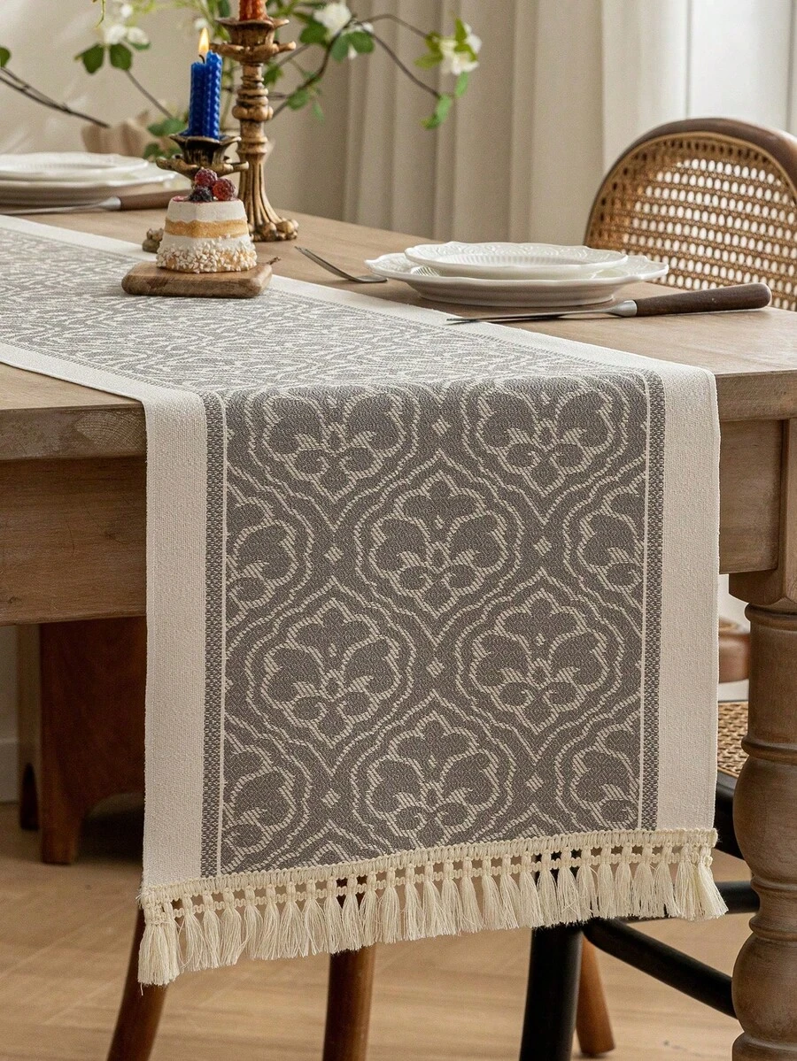 1pc Waterproof Table Runner With Tassel Decor, Suitable For Home, Party, Hotel, Restaurant Table Decoration - Grey - View 1