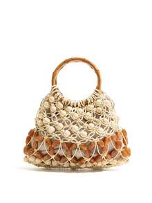 1 chiếc túi xách đan bằng rơm đính hạt, túi du lịch phong cách Boho tay cầm bằng gỗ dành cho nữ. - Nhiều màu - Xem 11