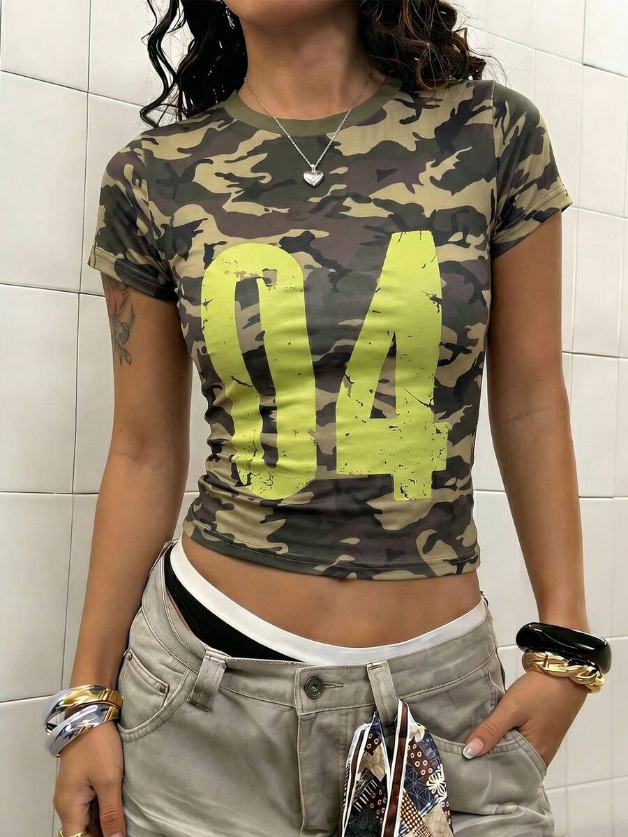 女士迷彩印花短款圆领涤纶上衣 - 彩色 - 查看 1