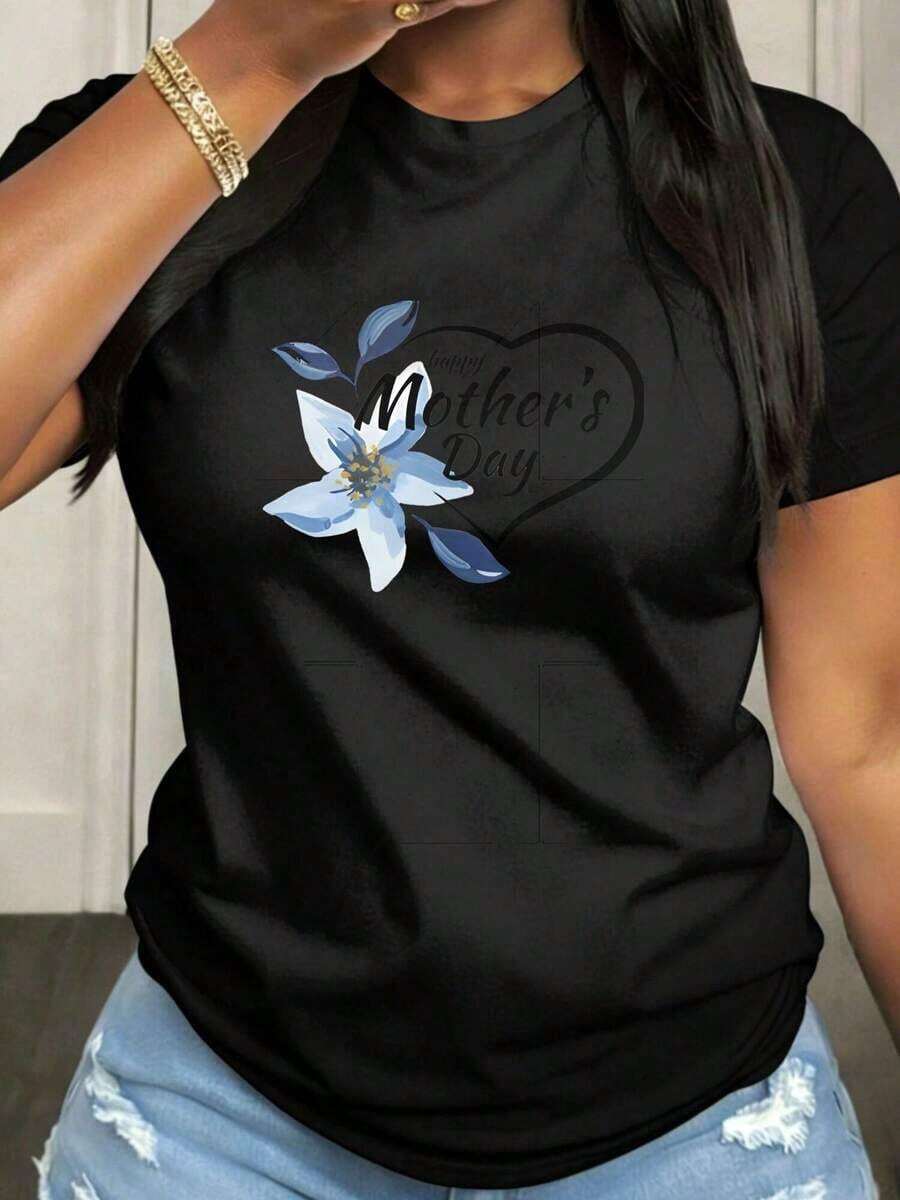 Mother's Day, Cute Gift For Mom, Women's T-Shirt, Casual Short-Sleeve Round Neck Top, Medium Stretch Fabric, Suitable For Spring, Summer, Autumn, Leisure Wear, Machine Washable, Playful Design For Women - Black - View 1