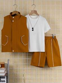 3pcs/Set Boys' Summer Casual Outdoor Solid Color T-Shirt + Contrast Stripe Casual Vest + Contrast Stripe Casual Shorts - Burnt Orange - View 1