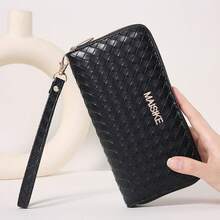 Long-Style Fashionable Zippered Multifunctional Large-Capacity Wallet Woven Card Holder Clutch Bag - Black - View 1