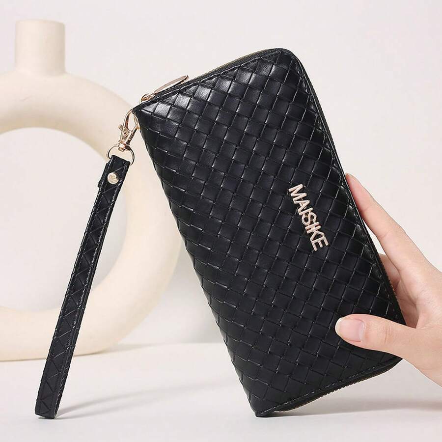 Long-Style Fashionable Zippered Multifunctional Large-Capacity Wallet Woven Card Holder Clutch Bag - Black - View 1