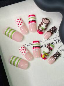 10pcs Y2K Nails Square Press On Nails Set - Handcrafted, Pink Nails, Brown Nails, Brown French Tip Nails, Handmade 3D Monkey And Handmade Banana Pattern, Hand Drawn Green Stripe And White Polka Dot Design, Delicate Graceful Nails - Perfect For Parties & Casual Attire - 彩色 - 查看 12