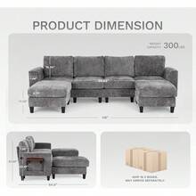 Sofá Modular en Forma de U de 118" con 4 Asientos, con Puertos USB Tipo C, Mesa Lateral Plegable y 2 Reposapiés, para Sala de Estar, Color Gris - Gris-12 - Ver 3