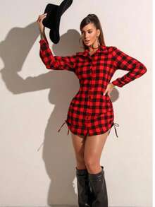Women's Long-Sleeved Checkered Shirt Dress With Adjustable Buttons And Side Tie – Elegant, Modern, And Super  For Winter, June Festival, And Saint John's Day. - 紅色 - 查看 1
