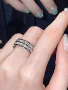 1 buah Cincin Fashion Dua Baris Rhinestone Stainless Steel Zirkonia, Serbaguna untuk Pemakaian Sehari-hari dan Kencan - Gaya 2 - View 17