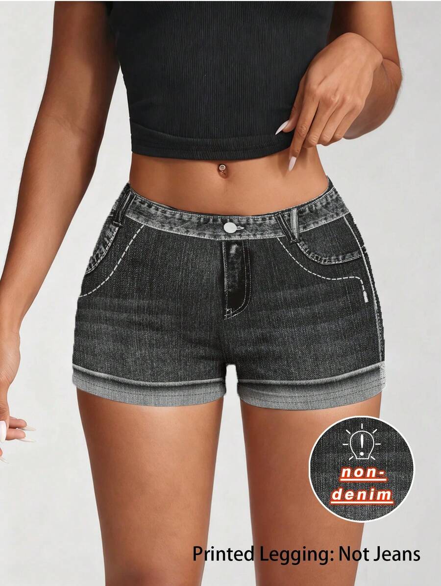 Shorts de mezclilla con estampado negro y gris de talla grande, pantalones cortos elásticos de cintura alta con efecto dobladillo, leggings de  sin mezclilla - WP-7502 - Ver 1