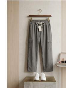 Pantalon Cargo De Cintura Elastica con Cordon- Estilo Minimalista Casual   Casual    Material Compuesto    Cordón    Pantalon dama   Todo el año - Gris - Ver 3