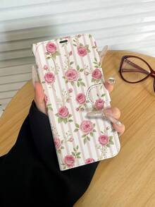 1pc Fashion Pink & White Striped Rose Pattern Full Coverage Classic Anti-Drop High-Quality PU Leather Flip Phone Case With Folding Stand For Watching TV/Videos, Card Slots, Detachable Lanyard, Suitable As Birthday/Holiday Gift For Friends, Family, Couples, Fits 17/17 Air/17 Pro/17 Pro Max/16/16 Plus/16 Pro/16 Pro Max/15/15 Plus/15 Pro/13/14/12/11 - Multicolor - View 6