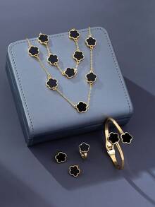 1 pièce set de bijoux mode pour femmes, comprenant : 1 pièce bracelet en matériau acrylique plaqué or, 1 pièce collier pendentif trèfle à cinq feuilles, 1 pièce bracelet, 1 pièce paire de boucles d'oreilles, 1 pièce bague - Noir - Voir 5