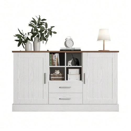 Sideboard 140 X 40 X 79.5 Cm, White And Brown Wood Grain - 2 Doors, 2 Drawers - Brown,White,Wood - 查看 1