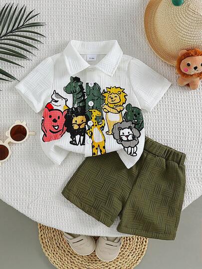 2pcs Baby Boy Textured Cute Cartoon Animal Print Shirt And Elastic Waist Shorts Set, Street Fashion Children Outfit Suitable For Daily & Outdoor Wear