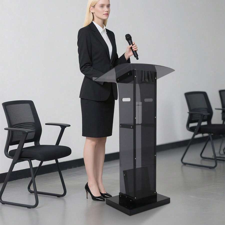 SENDERPICK Acrylic Podium With Storage Shelf Acrylic Podium Stand Floor Standing Podium - Black - View 1