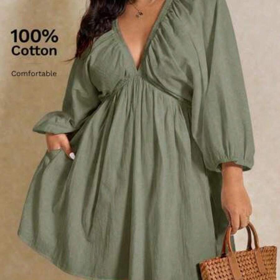 Elaquor Plus Size Casual Solid Color Lantern Sleeve Dress - Verde militar - Ver 1