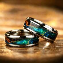 1pc Men's Fashion Stainless Steel Ring Inlaid With Streamer Texture Stone Pattern Design Is Unique And Polished With A Strong Glossy Texture, Suitable For Daily Wear Or Gift-Giving - Silver - View 3