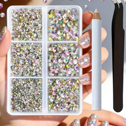 Bộ 6 hộp đá trang trí móng tay, đá trang trí móng tay hình tròn nhiều kích cỡ khác nhau, kèm nhíp và dụng cụ, vật tư làm móng.
