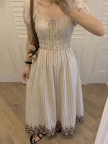 Vestido largo de línea A con mangas abullonadas y bordado en la cintura, estilo urbano y chic para primavera/verano. Atuendo para brunch, invitada de boda, estilo bohemio, outfit para Año Nuevo/Día de San Valentín, elegante, ropa de playa, outfit para Acción de Gracias, vestido de graduación - Café - Ver 2