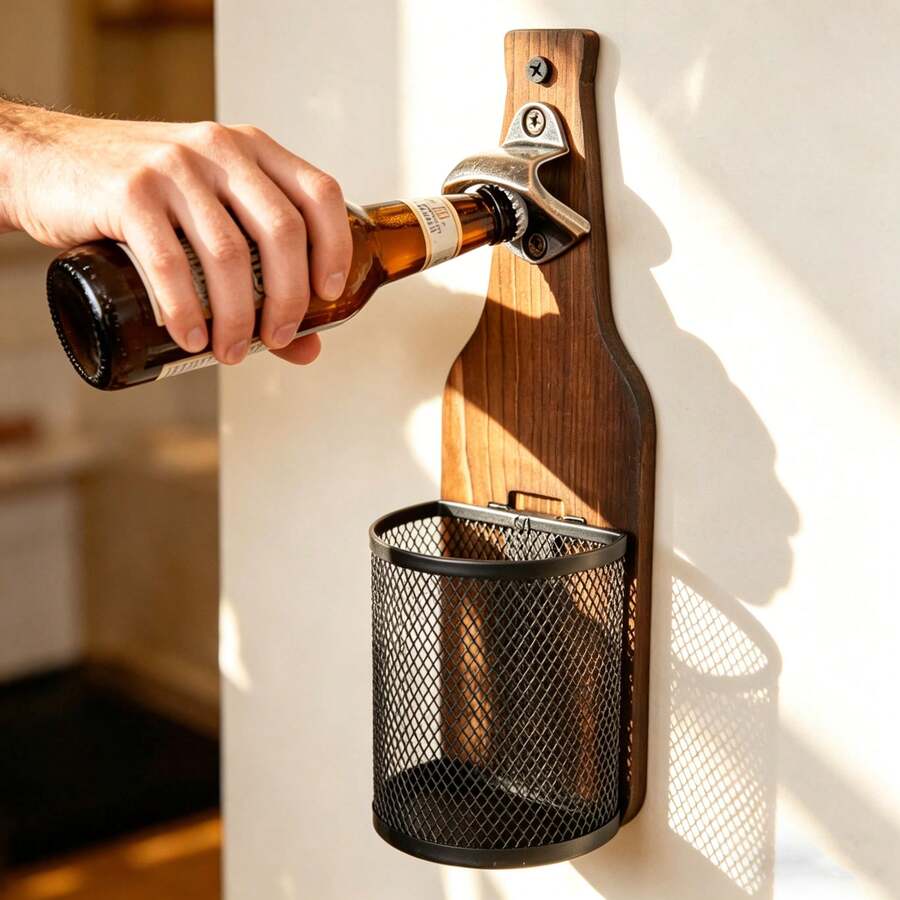 Ouvre-bouteille en bois monté au mur avec sac en maille, ouvre-bouteille indolore - accessoire essentiel pour la bière pour le bar de la maison, la cuisine, le jardin et l'extérieur, cadeau parfait pour les amateurs de bière - Marron - Voir 1