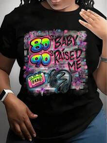 Camiseta de algodón de manga corta para mujer con estampado retro de arte pop de los años 80 y 90, colores neón y diseño de cinta de casete, perfecta para fiestas temáticas de los 90 y uso casual. - Negro - Ver 5