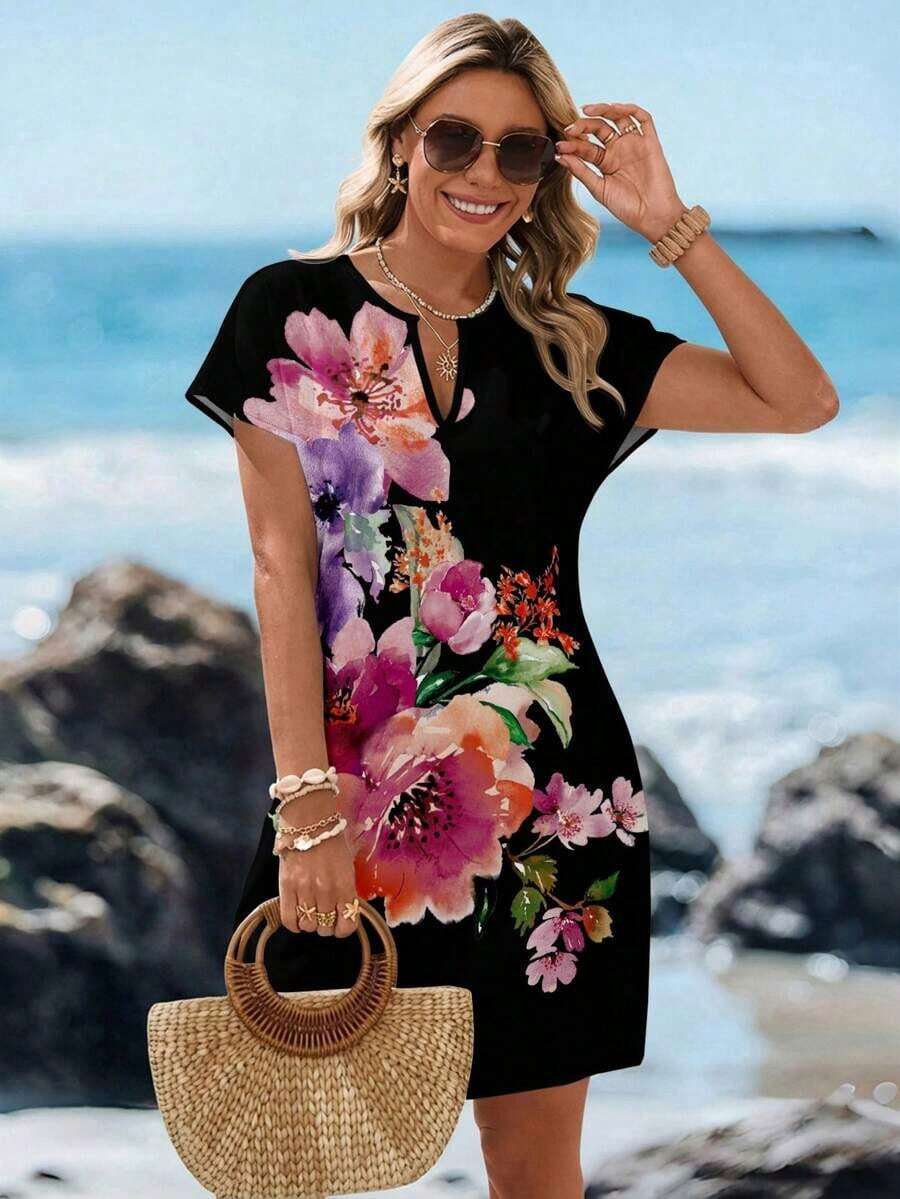 Vestido corto casual para mujer, color blanco con estampado marino de estrellas de mar, caballitos de mar y conchas, cuello en V y mangas cortas, diseño fresco y holgado, ideal para primavera-verano, playa, vacaciones y salidas informales - Multicolor 21 - Ver 1