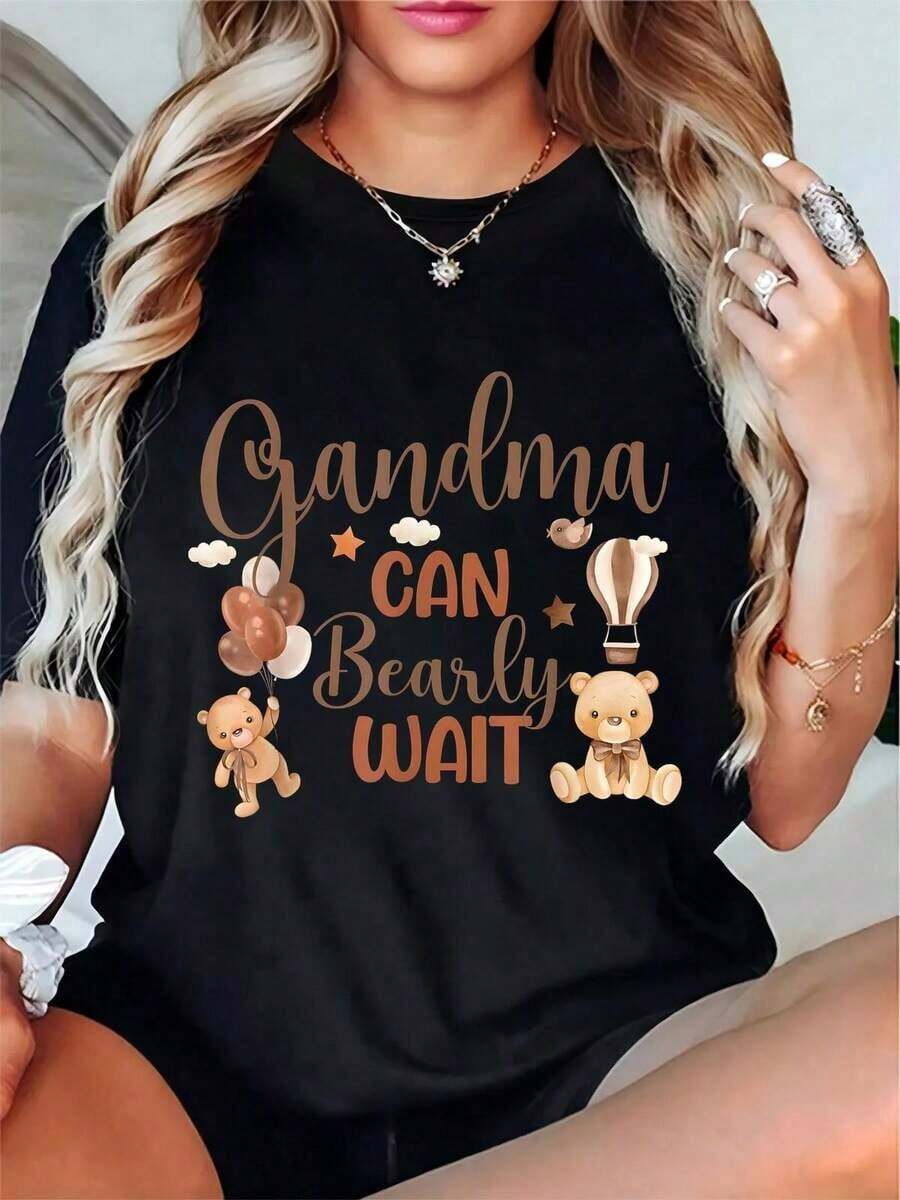 Camiseta de manga corta para mujer con estampado "Grandma Can Bearly Wait" y diseño de ositos de peluche, globos, globo aerostático, nubes y estrellas. | Perfecto para Baby Shower, Revelación de Género y Celebraciones Familiares. 100% Algodón. - Negro - Ver 1
