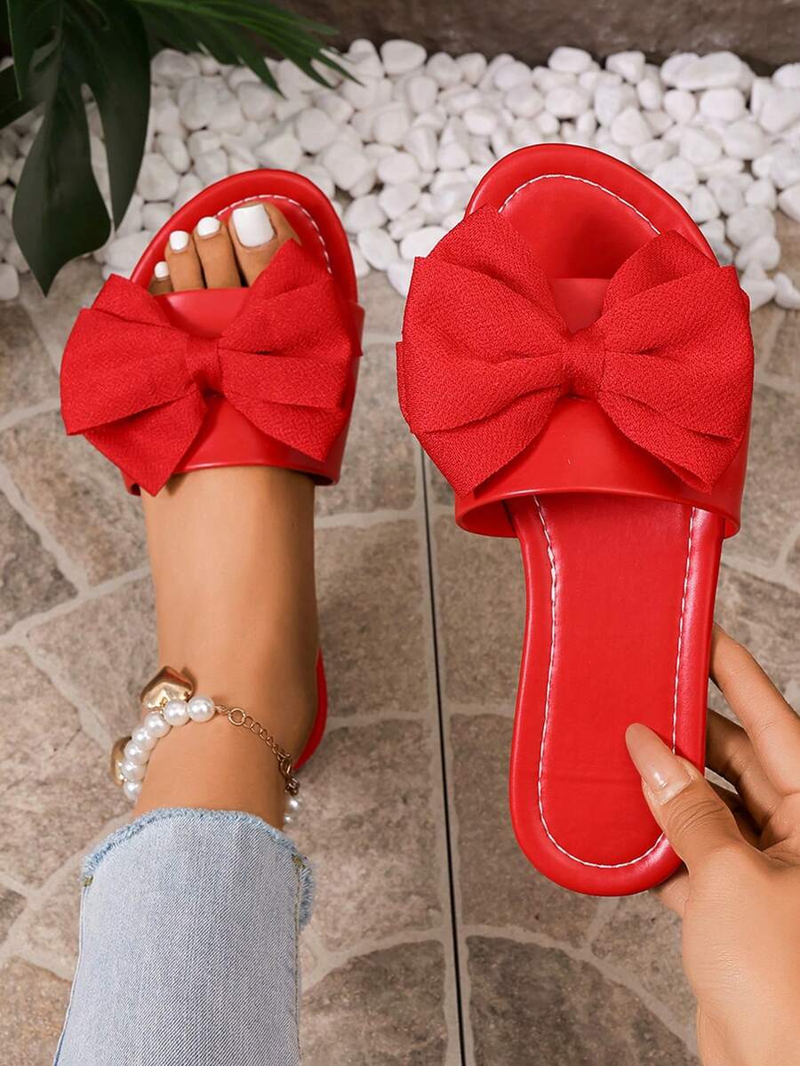 Sandalias planas para mujer, nuevos estilos de verano con decoración de lazo, diapositivas versátiles de una correa - Rojo - Ver 1