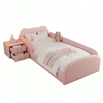 Single Upholstered Bed, Children's Bed, Teddy Bear-Shaped Headboard, Matching Bedside Table, Anti-Collision Soft Sponge Edge And Headboard, Velvet + Plywood, Pink, 90x200cm