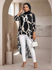 SHEIN Lady 2025 New Spring And Summer Elegant Commuting Office Casual Boho Colorful Woven Round Neck High Low Quarter Sleeves T-Shirts Blouses - Black - View 1