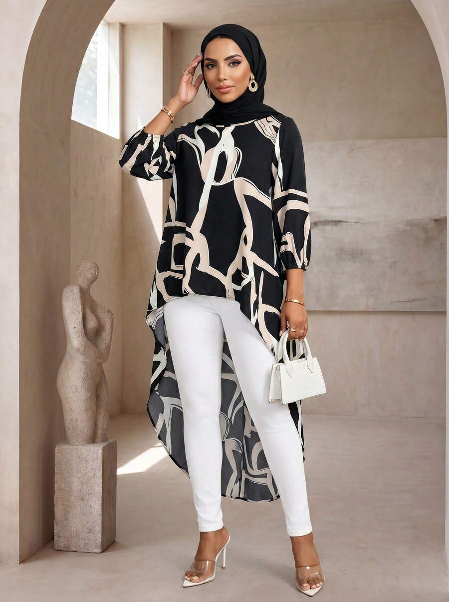 SHEIN Lady 2025 New Spring And Summer Elegant Commuting Office Casual Boho Colorful Woven Round Neck High Low Quarter Sleeves T-Shirts Blouses - Black - View 1