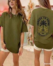 1 pieza de camiseta de gran tamaño para mujer con estampado de árbol de coco estilo Y2K, estampado de árbol de coco/letras, manga corta, cuello redondo, corte holgado, camiseta de verano de estilo vintage, estética, holgada, estilo preppy, ropa de playa para adolescentes, ropa urbana - Blanca y azul marino, top corto unisex con hombros descubiertos - Tallas grandes Camisetas gráficas para mujer, estampado de la Copa Mundial de Fútbol para el Día de la Madre, camisetas de manga corta de moda para verano, 100% algodón, camiseta estampada para mujer. - Verde - Ver 3