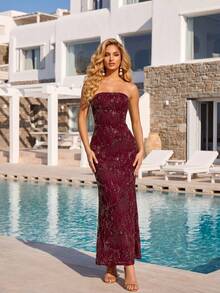 Vestido largo con lentejuelas de color rojo vino, espalda descubierta y cintura con lazo, vestido de gala formal - Burdeos - Ver 1