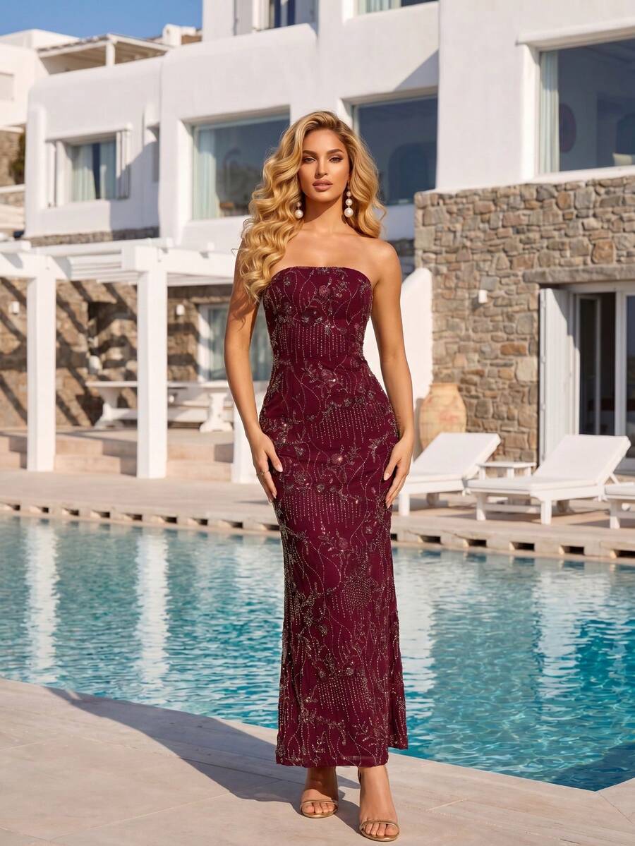 Vestido largo con lentejuelas de color rojo vino, espalda descubierta y cintura con lazo, vestido de gala formal - Burdeos - Ver 1