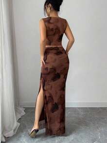 Raffinéa Vestido ajustado de mujer con abertura, de malla con efecto tie-dye degradado sin mangas, conjunto de 2 piezas - Café integral - Ver 2