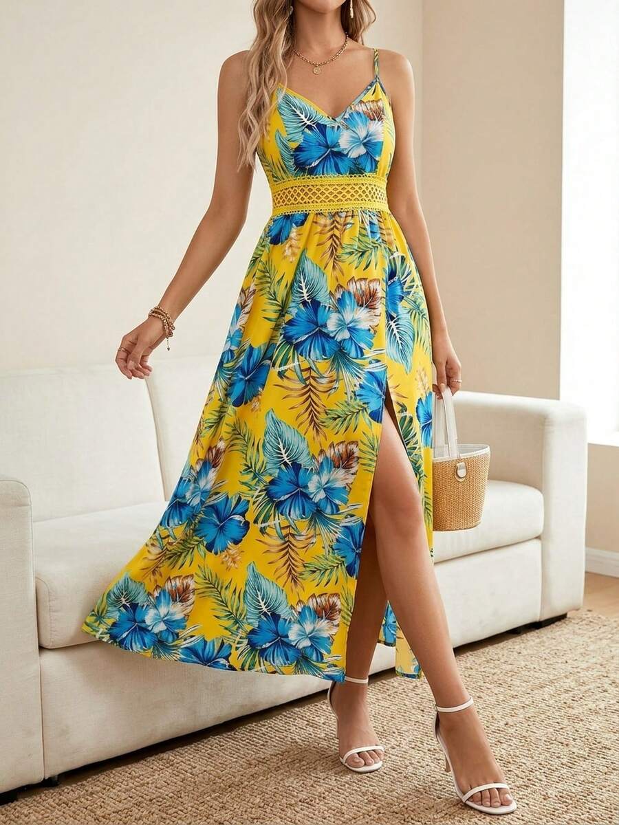 Summer Boho Floral Print Dress For Women Sleeveless V-Neck Maxi Flowy Dresses Spaghetti Straps A Line Sundress With High Slit For Holiday And Vacation - Yellow - View 1