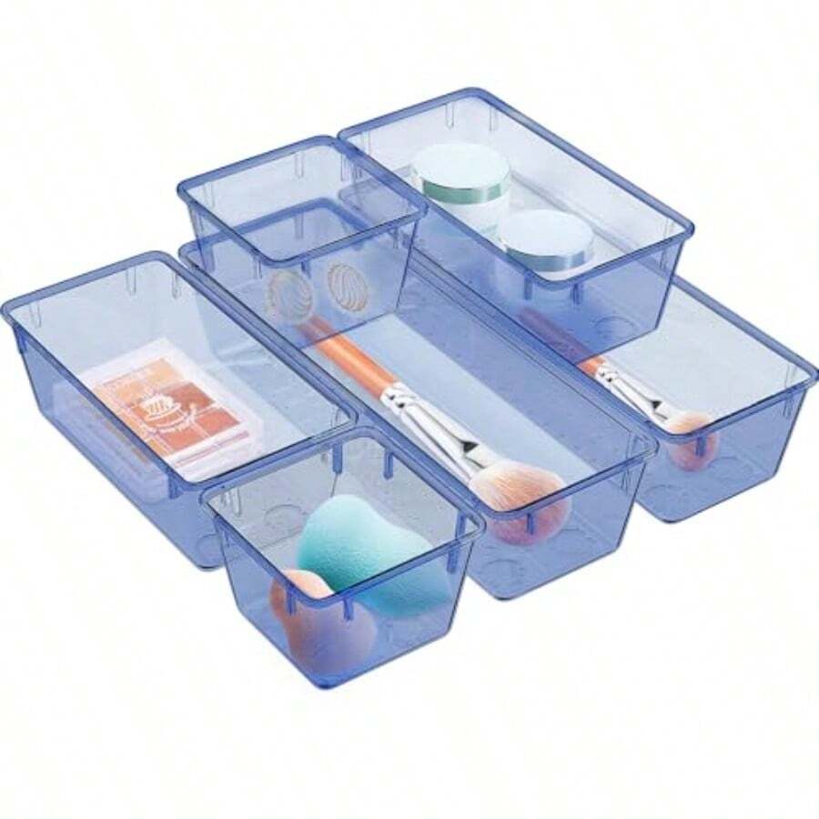 6 Pack Clear Drawer Organizer Set Acrylic Drawer Storage Trays Storage Bins For Makeup Cosmetics Jewelries Utensils Gadgets Office Dark Blue - Dark Blue - View 1