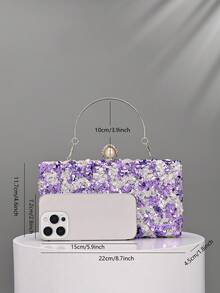 1pc Ombre Purple & White Sequin Clutch Bag, Shiny Metal Handle Evening Handbag, Suitable For Women's Party And Wedding - Violet Purple - View 3