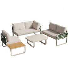 Garden Lounge Set (4-5 Seats), Green Rattan And Leather Garden Furniture Set, Modern Outdoor Sofa Set Including All Seat And Back Cushions, Set For Balcony, Garden And Terrace, Apricot - 杏色 - 查看 7