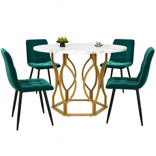 Dining Table Set (5 Pieces), Dining Table Set With 4 Chairs, Kitchen Table Set, 100cm Diameter Round Dining Table With Gold Metal Legs, White MDF Tabletop, Dark Green Velvet Dining Chairs - Multicolor - View 1