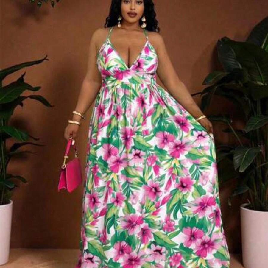 Veslaya Spring/Summer New Arrival Daily Wear, Birthday, Casual, Vacation, Beach, Travel, Tropical Floral Print High Waist A-Line Sleeveless Plus Size Dress,Beach Dress Sundress,Holiday Outfits Boho - Multicolor - Ver 1